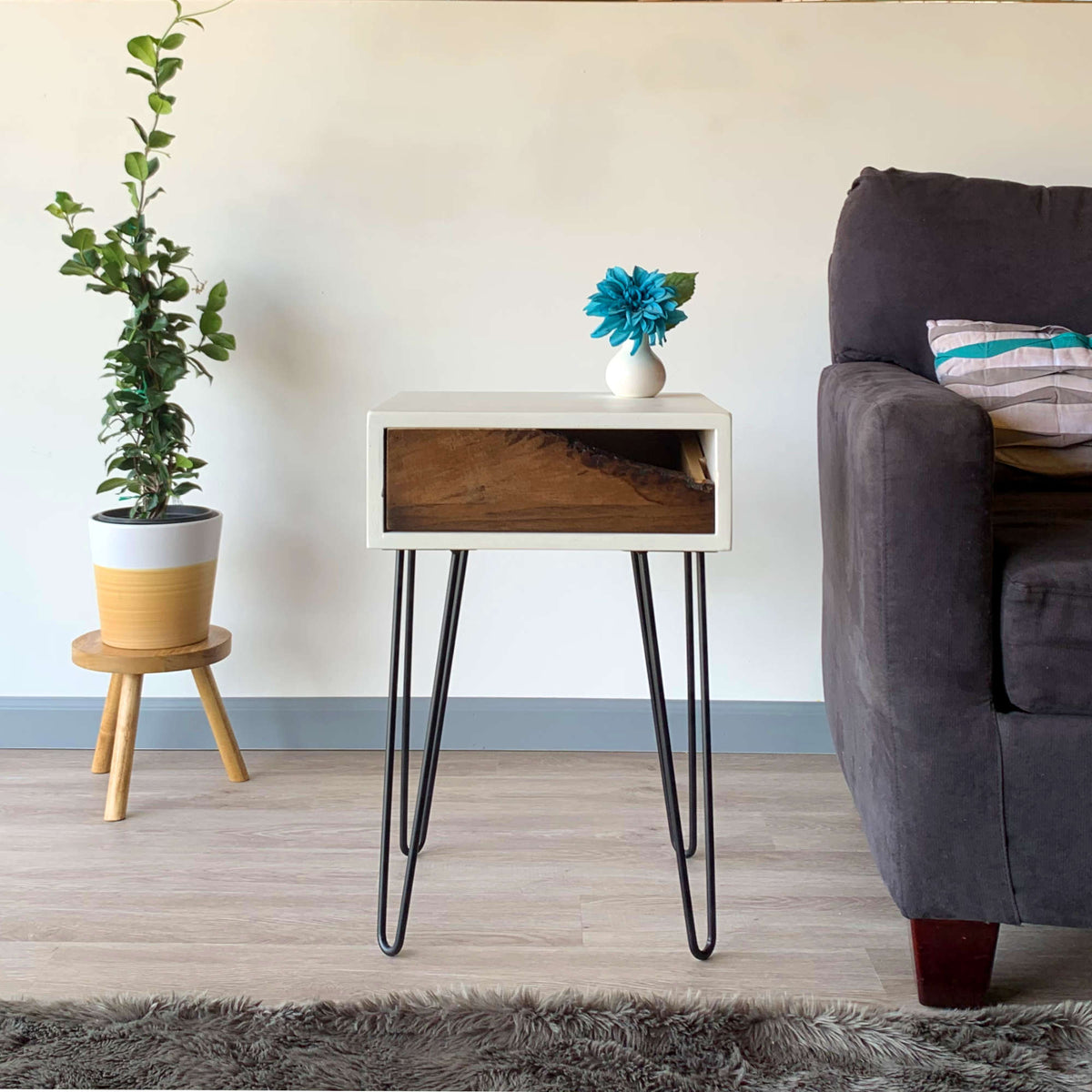 Live Edge Wood Nightstand Hairpin Legs by CW Furniture Custom Reclaimed Rustic Modern White Drawer Side Table End Table Accent Console Metal Bedroom