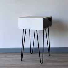 Load image into Gallery viewer, Live Edge Wood Nightstand Hairpin Legs by CW Furniture Custom Reclaimed Rustic Modern White Drawer Side Table End Table Accent Console Metal Bedroom