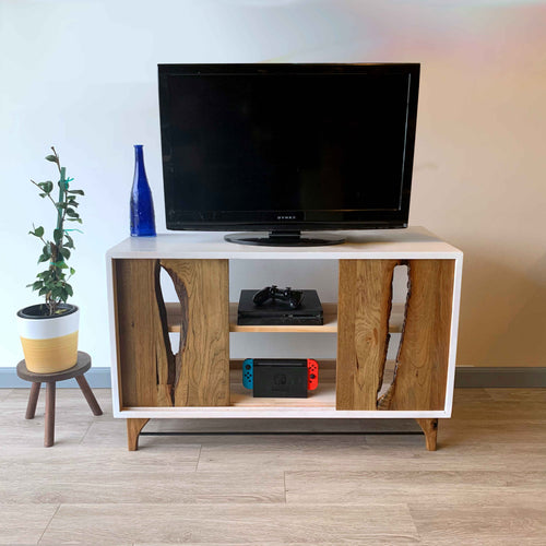 Live Edge Wood TV Console Table by CW Furniture Custom Reclaimed Rustic Modern White Drawer Side Table End Table Accent Metal Living Room Sofa